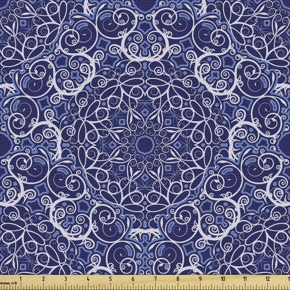 Ambesonne Mandala Fabric by the Yard Upholstery, Bohemian Floral Circle, 1 Yard, Purple White and Blue