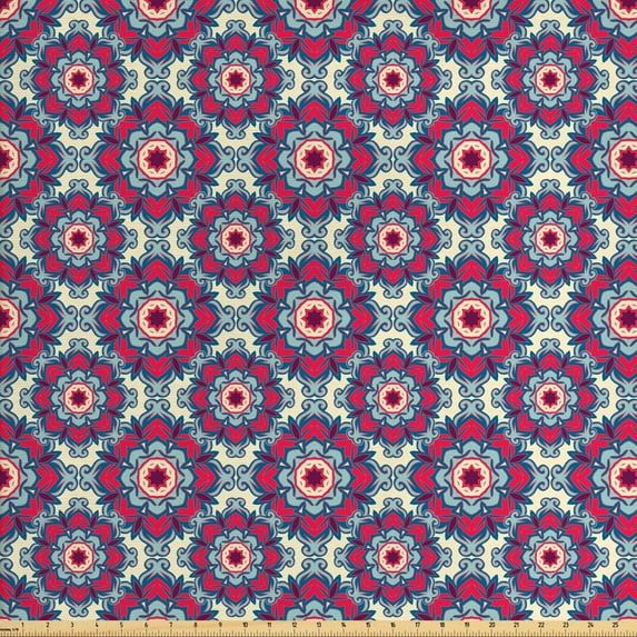 Mandala Sofa Upholstery Fabric by the Yard, Creative Pattern with Colorful Round with Culture Origins Repetition, Decorative Fabric for DIY and Home Accents, Magenta Beige and Blue by Ambesonne