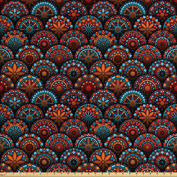 Ambesonne Mandala Fabric by the Yard Upholstery, Geometric Floral Forms, 2 Yards, Scarlet Orange Blue