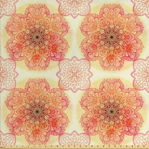 Ambesonne Mandala Fabric by the Yard Upholstery, Bloom Swirled Petals Art, 3 Yards, Burgundy Yellow Pink