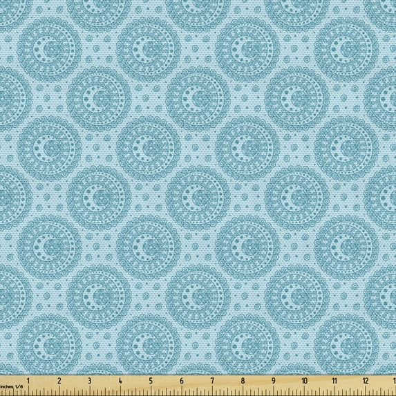 Ambesonne Mandala Fabric by the Yard Upholstery, Oriental Cosmos Symbols, 1 Yard, Dark Seafoam Pale Blue