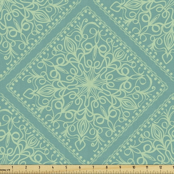 Ambesonne Mandala Fabric by the Yard Upholstery, Monochrome and Traditional, 5 Yards, Teal Mint Green