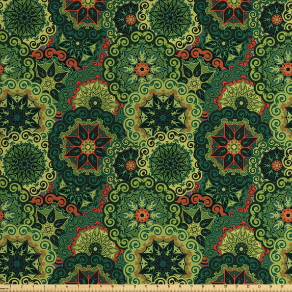 Ambesonne Mandala Fabric by the Yard Upholstery, Native Culture, 3 Yards, Pale Green Dark Green