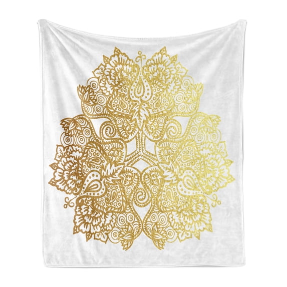 Mandala Soft Flannel Fleece Blanket, Lotus Flowers and Paisley Elements Golden Yellow Toned Ombre Mandala, Cozy Plush for Indoor and Outdoor Use, 60" x 80", Earth Yellow and Mustard, by Ambesonne