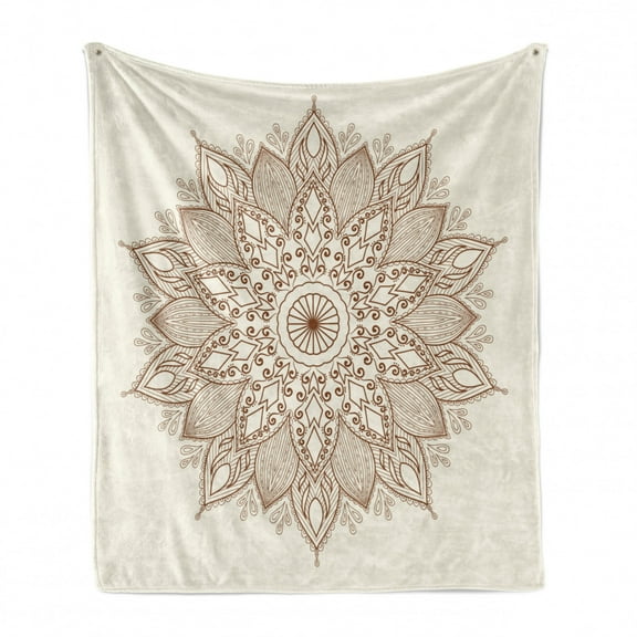 Mandala Soft Flannel Fleece Blanket, Lotus Inspired Flower Lace Circle Ornate Retro Pattern Eastern Universe Theme, Cozy Plush for Indoor and Outdoor Use, 50" x 60", Brown and Ivory, by Ambesonne
