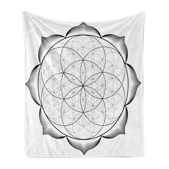 Mandala Soft Flannel Fleece Blanket, Monochrome Line Art Illustration Flower of Life Shapes Abstract Mandala Design, Cozy Plush for Indoor and Outdoor Use, 50" x 60", Black and White, by Ambesonne