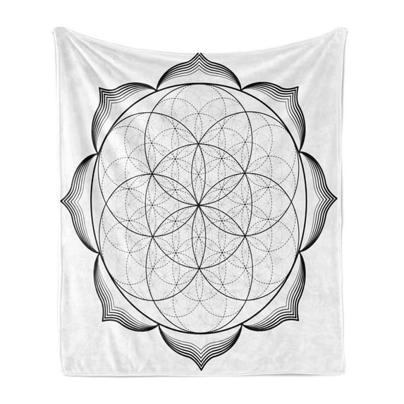 Mandala Soft Flannel Fleece Blanket, Monochrome Line Art Illustration Flower of Life Shapes Abstract Mandala Design, Cozy Plush for Indoor and Outdoor Use, 70" x 90", Black and White, by Ambesonne