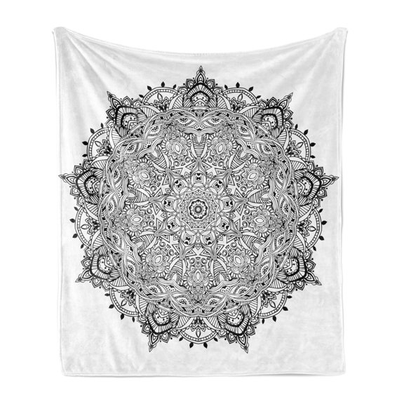 Mandala Soft Flannel Fleece Blanket, Pattern of Lace Like Macro Round Tribal Motif with Mix Paisley Leaf Elements Image, Cozy Plush for Indoor and Outdoor Use, 50" x 60", Black White, by Ambesonne