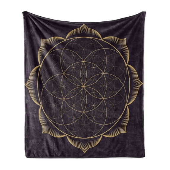 Mandala Soft Flannel Fleece Throw Blanket, Abstract Geometry Modern Art Flower Golden Yellow Toned Mandala, Cozy Plush for Indoor and Outdoor Use, 50" x 60", Plum and Mustard, by Ambesonne