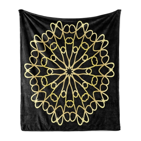 Mandala Soft Flannel Fleece Throw Blanket, Abstract Golden Yellow Toned Ornament on Dark Backdrop, Cozy Plush for Indoor and Outdoor Use, 50" x 60", Black Mustard, by Ambesonne