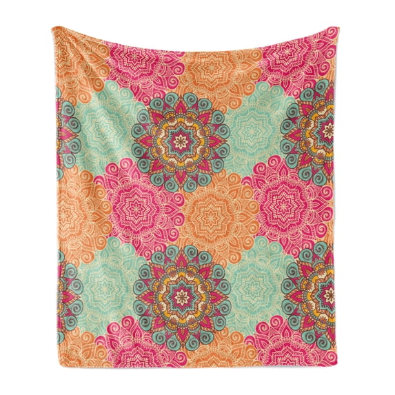 Mandala Soft Flannel Fleece Throw Blanket, Antique Mandala Patterns Circles in Vintage Colors Native Tribal Ornamental, Cozy Plush for Indoor and Outdoor Use, 70" x 90", Fuchsia Orange, by Ambesonne
