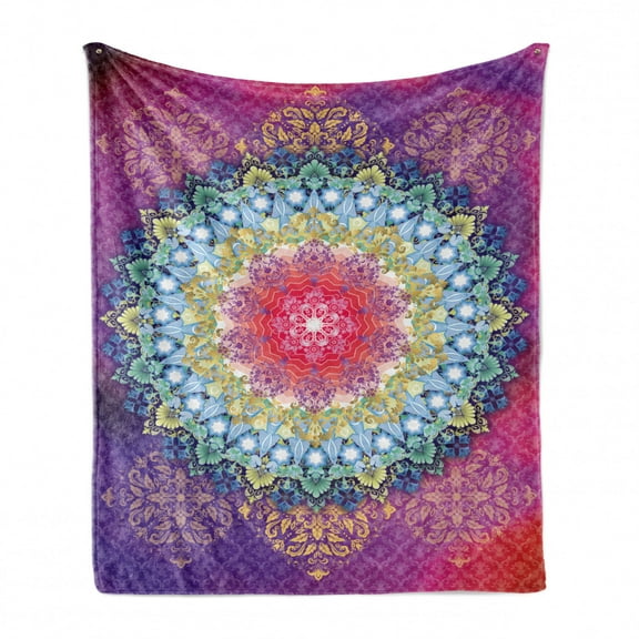 Mandala Soft Flannel Fleece Throw Blanket, Arrangement with Geometric Zigzag Shape and Blossoming Flowers Bohemian Oriental, Cozy Plush for Indoor and Outdoor Use, 50" x 60", Multicolor, by Ambesonne