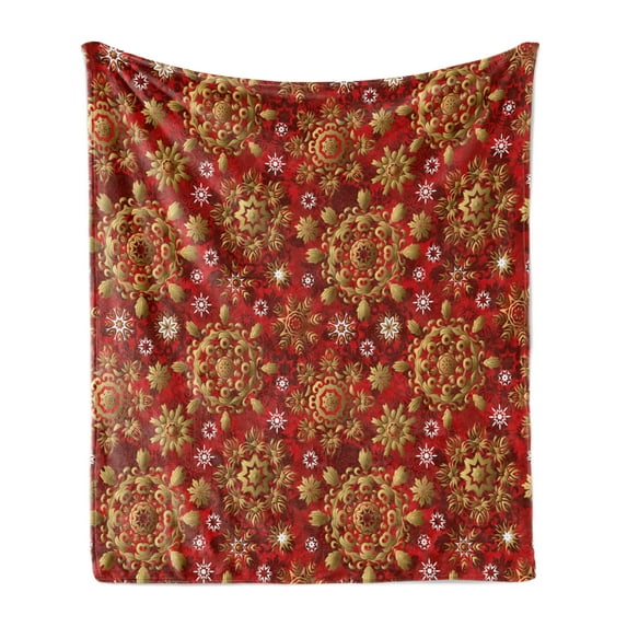Mandala Soft Flannel Fleece Throw Blanket, Christmas New Year Ornaments Inspired Floral Design, Cozy Plush for Indoor and Outdoor Use, 70" x 90", Earth Yellow Vermilion, by Ambesonne