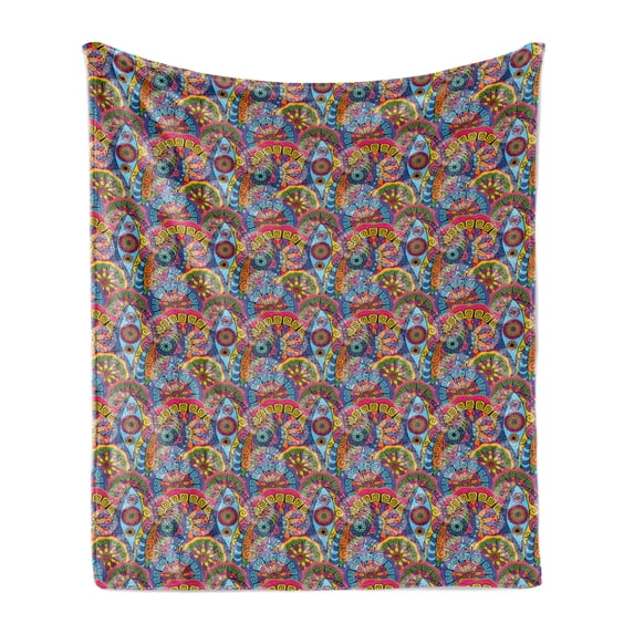 Mandala Soft Flannel Fleece Throw Blanket, Colorful Abstract Sixties Inspired Pattern Flower Design with Stripes Lines, Cozy Plush for Indoor and Outdoor Use, 70" x 90", Multicolor, by Ambesonne