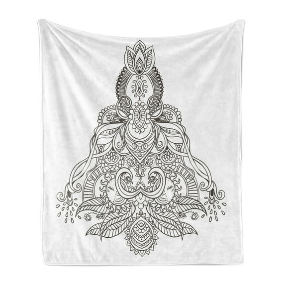 Mandala Soft Flannel Fleece Throw Blanket, Composition Lotus Tibetian Tulips Sun and Ribbons, Cozy Plush for Indoor and Outdoor Use, 60" x 80", White and Black, by Ambesonne