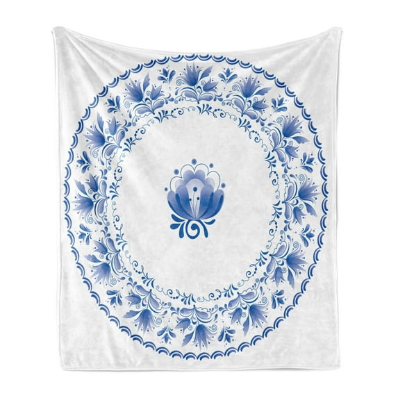 Mandala Soft Flannel Fleece Throw Blanket, Country Style Floral Soft Color Circle Pattern Persian Features Nostalgic Design, Cozy Plush for Indoor and Outdoor Use, 50" x 70", Blue White, by Ambesonne