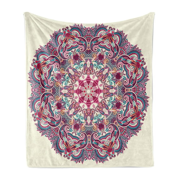Mandala Soft Flannel Fleece Throw Blanket, Detailed Pattern Flower and Leaves Bohemian Themed Art Illustration, Cozy Plush for Indoor and Outdoor Use, 50" x 70", Multicolor, by Ambesonne
