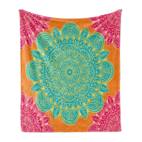 Mandala Soft Flannel Fleece Throw Blanket, Eastern Motif with Blossoming Flower Pattern on Warm Colored Backdrop, Cozy Plush for Indoor and Outdoor Use, 50" x 60", Multicolor, by Ambesonne