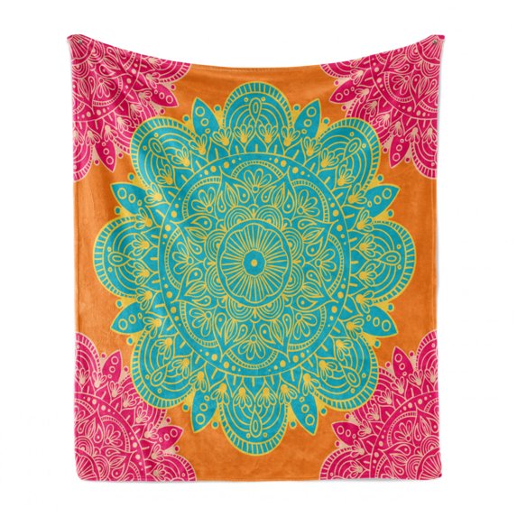 Mandala Soft Flannel Fleece Throw Blanket, Eastern Motif with Blossoming Flower Pattern on Warm Colored Backdrop, Cozy Plush for Indoor and Outdoor Use, 70" x 90", Multicolor, by Ambesonne