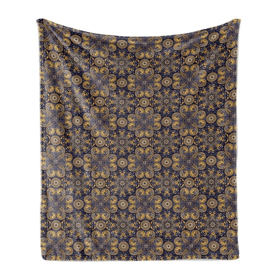 Mandala Soft Flannel Fleece Throw Blanket, Eastern Revival Curlicues Leaves and Rich Flora, Cozy Plush for Indoor and Outdoor Use, 50" x 70", Earth Yellow Indigo, by Ambesonne