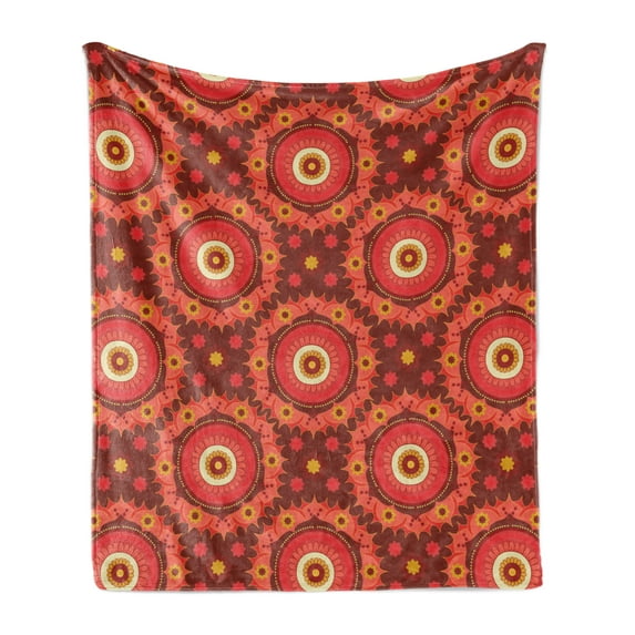 Mandala Soft Flannel Fleece Throw Blanket, Ethnic Oriental Pattern Far Eastern and Bohemian, Cozy Plush for Indoor and Outdoor Use, 60" x 80", Dark Salmon and Redbrown, by Ambesonne