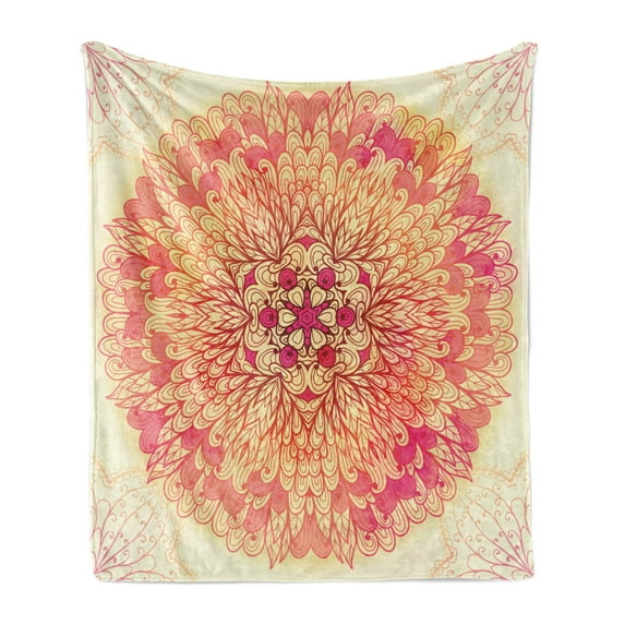 Mandala Soft Flannel Fleece Throw Blanket, Fantasy Flower Lively Colors Cosmos Balance Traditional Print, Cozy Plush for Indoor and Outdoor Use, 50" x 60", Yellow Coral Pink, by Ambesonne
