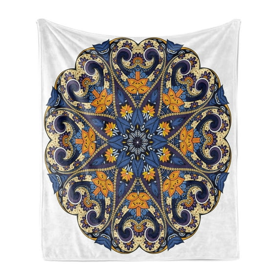 Mandala Soft Flannel Fleece Throw Blanket, Floral Motif Vibrant Colors Inner Balance Pattern Style, Cozy Plush for Indoor and Outdoor Use, 50" x 60", Blue Orange Purple, by Ambesonne
