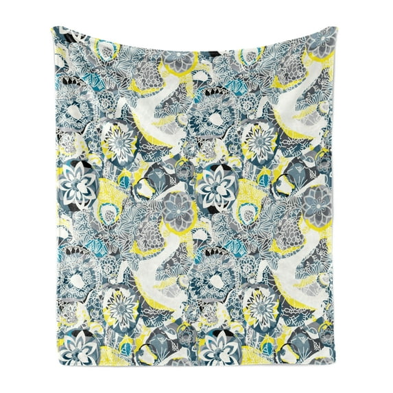 Mandala Soft Flannel Fleece Throw Blanket, Floral Mandala Ornamental Vintage Blooming Flowers Foliage Leaves Garden Themed, Cozy Plush for Indoor and Outdoor Use, 60" x 80", Yellow Blue, by Ambesonne