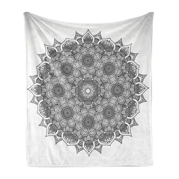 Mandala Soft Flannel Fleece Throw Blanket, Flower and Leaf Old Ottoman Mandala Chart Life Web Print, Cozy Plush for Indoor and Outdoor Use, 50" x 60", Black White, by Ambesonne