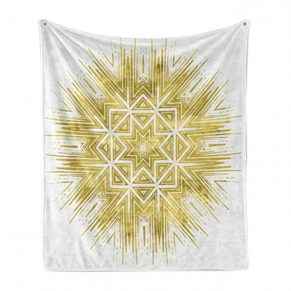 Mandala Soft Flannel Fleece Throw Blanket, Geometric Elements Vintage Vivid Motif Oriental Style, Cozy Plush for Indoor and Outdoor Use, 70" x 90", Yellow and White, by Ambesonne