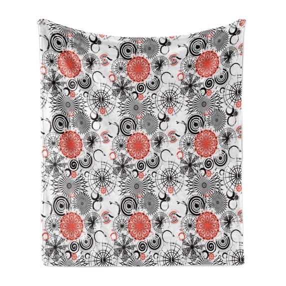 Mandala Soft Flannel Fleece Throw Blanket, Grunge Looking Round Floral Rounds Contrast Colors and Design, Cozy Plush for Indoor and Outdoor Use, 50" x 70", Vermilion Black White, by Ambesonne