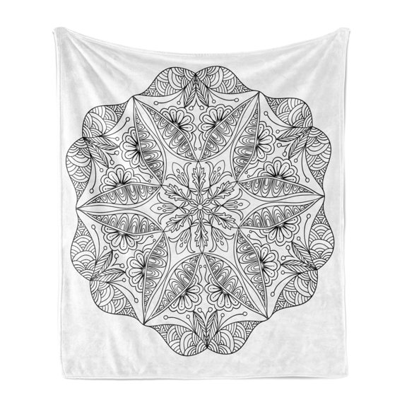 Mandala Soft Flannel Fleece Throw Blanket, Hand Drawn Cosmos Traditional Floral Pattern, Cozy Plush for Indoor and Outdoor Use, 50" x 60", White Black, by Ambesonne