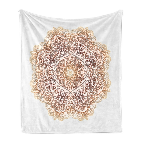 Mandala Soft Flannel Fleece Throw Blanket, Hand-Drawn Doodle Mandala with Leaves and Star, Cozy Plush for Indoor and Outdoor Use, 50" x 70", Burnt Orange Orange, by Ambesonne