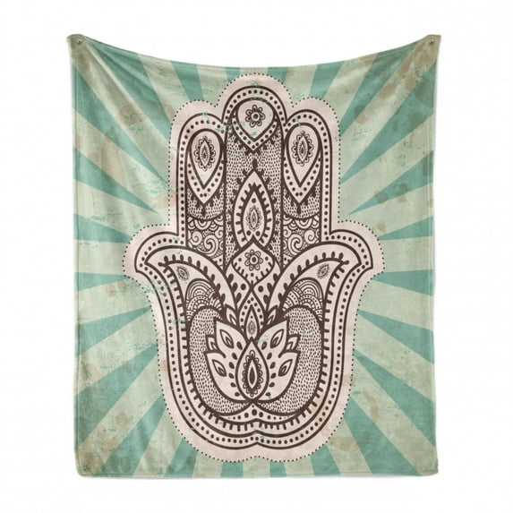 Mandala Soft Flannel Fleece Throw Blanket, Middle Eastern Hand Motif with Stripes Background Floral Design, Cozy Plush for Indoor and Outdoor Use, 60" x 80", Pale Green Brown, by Ambesonne