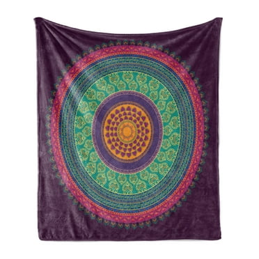 Mandala Soft Flannel Fleece Throw Blanket, Middle Illustration with Curls and Petals Oriental Colorful Pattern, Cozy Plush for Indoor and Outdoor Use, 50" x 60", Multicolor, by Ambesonne