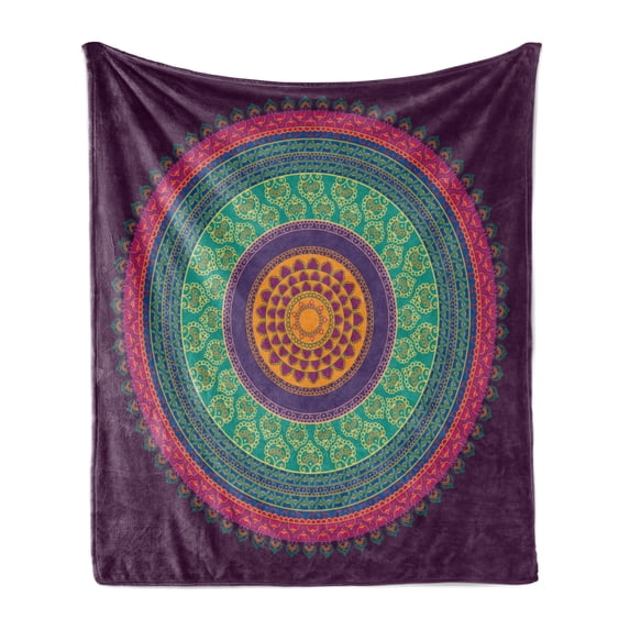 Mandala Soft Flannel Fleece Throw Blanket, Middle Illustration with Curls and Petals Oriental Colorful Pattern, Cozy Plush for Indoor and Outdoor Use, 50" x 70", Multicolor, by Ambesonne