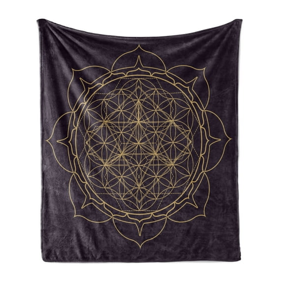 Mandala Soft Flannel Fleece Throw Blanket, Monochrome Abstract Flower of Life Lotus Floral Mandala Harmony, Cozy Plush for Indoor and Outdoor Use, 50" x 60", Plum and Mustard, by Ambesonne