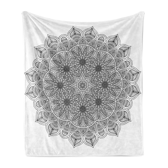 Mandala Soft Flannel Fleece Throw Blanket, Monochrome Pattern and Heritage Oriental Inspired Cosmos Artwork, Cozy Plush for Indoor and Outdoor Use, 50" x 70", Black, by Ambesonne