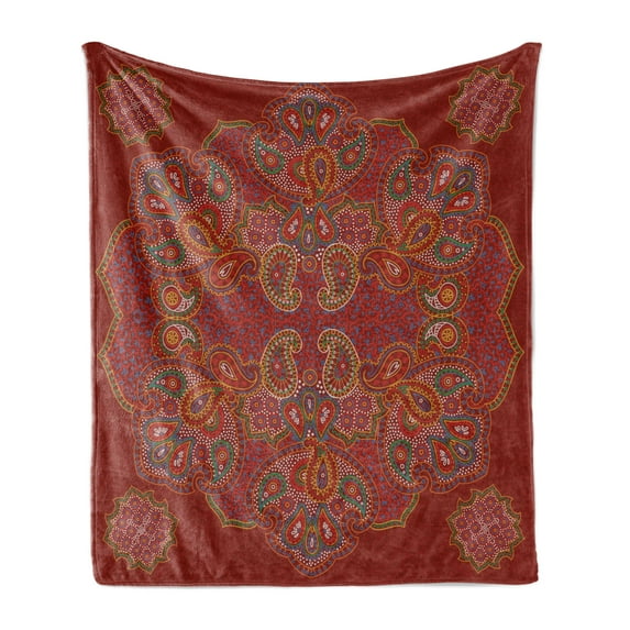 Mandala Soft Flannel Fleece Throw Blanket, Moroccan Persian Design Oriental Rectangular Paisley Floral Print, Cozy Plush for Indoor and Outdoor Use, 60" x 80", Burgundy White, by Ambesonne