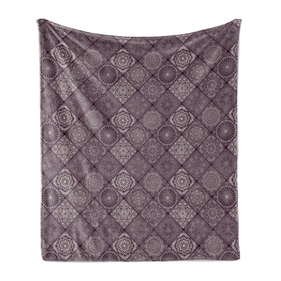 Mandala Soft Flannel Fleece Throw Blanket, Old Fashioned Design with Square Frames and Vintage Oriental Art Motifs, Cozy Plush for Indoor and Outdoor Use, 50" x 70", Eggplant White, by Ambesonne