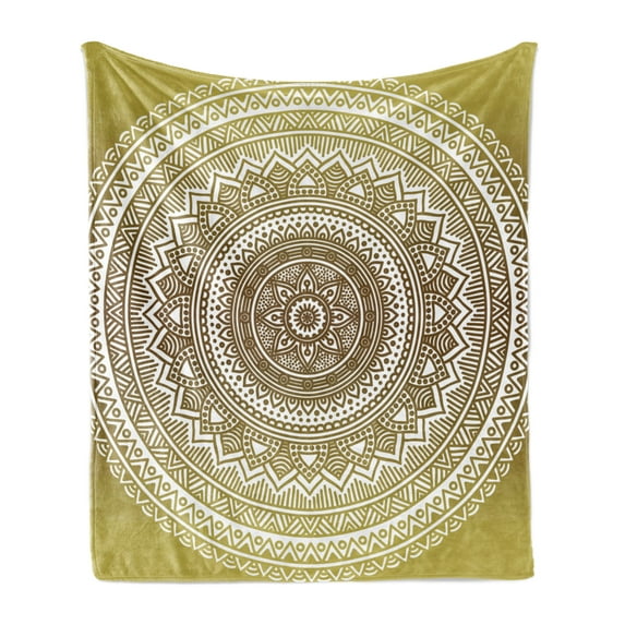 Mandala Soft Flannel Fleece Throw Blanket, Ombre Mandala Flower Pattern Queen Inspired Prints Hippie Design, Cozy Plush for Indoor and Outdoor Use, 60" x 80", Mustard and White, by Ambesonne