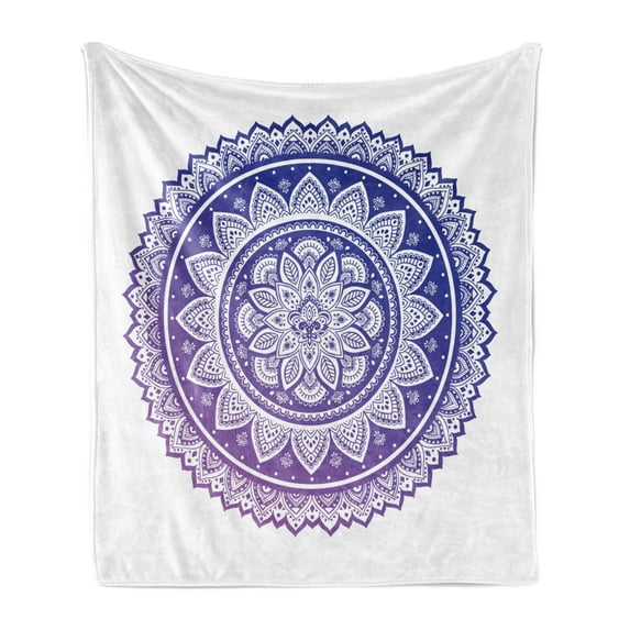 Mandala Soft Flannel Fleece Throw Blanket, Oriental Bohemian Composition with Flourishing Petals Motif, Cozy Plush for Indoor and Outdoor Use, 50" x 70", Navy Blue Indigo, by Ambesonne
