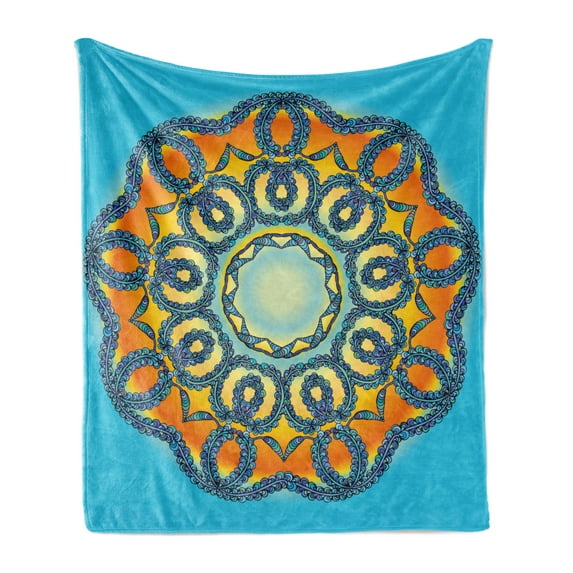 Mandala Soft Flannel Fleece Throw Blanket, Oriental Details Traditional Mandala with Interlace Swirled Theme, Cozy Plush for Indoor and Outdoor Use, 50" x 70", Orange and Blue, by Ambesonne