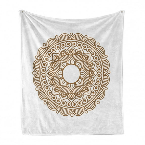 Mandala Soft Flannel Fleece Throw Blanket, Oriental Floral Tattoo Inspired Style Illustration Round Eastern Pattern, Cozy Plush for Indoor and Outdoor Use, 50" x 70", Pale Caramel White, by Ambesonne