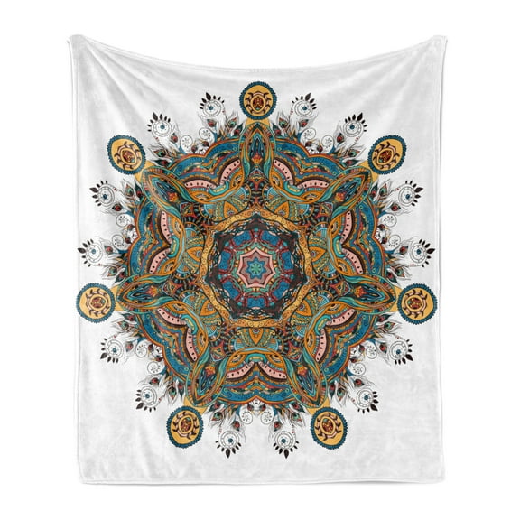 Mandala Soft Flannel Fleece Throw Blanket, Oriental Flower Pattern Several Exquisite Colors Cultural Bohemian, Cozy Plush for Indoor and Outdoor Use, 60" x 80", Multicolor, by Ambesonne