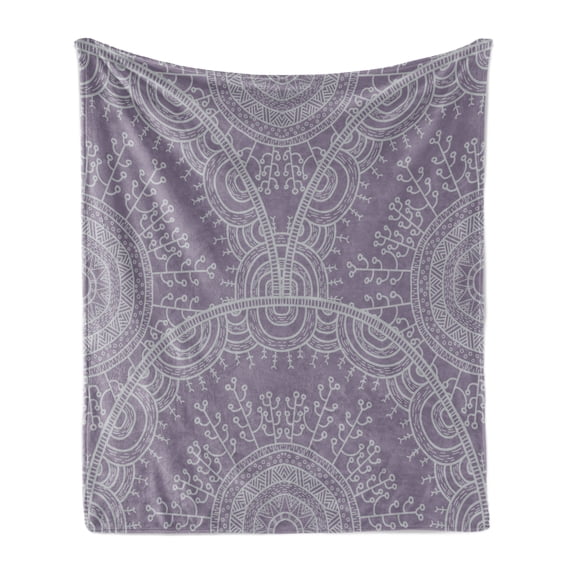 Mandala Soft Flannel Fleece Throw Blanket, Oriental Inspired Lace Looking Ornaments in Round Shaped Framed Design, Cozy Plush for Indoor and Outdoor Use, 70" x 90", Pale Grey and Mauve, by Ambesonne