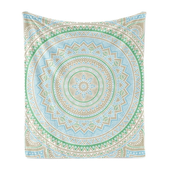 Mandala Soft Flannel Fleece Throw Blanket, Oriental Motif Ornament in Pastel Tones Illustration, Cozy Plush for Indoor and Outdoor Use, 60" x 80", Pale Blue Pale Sepia, by Ambesonne