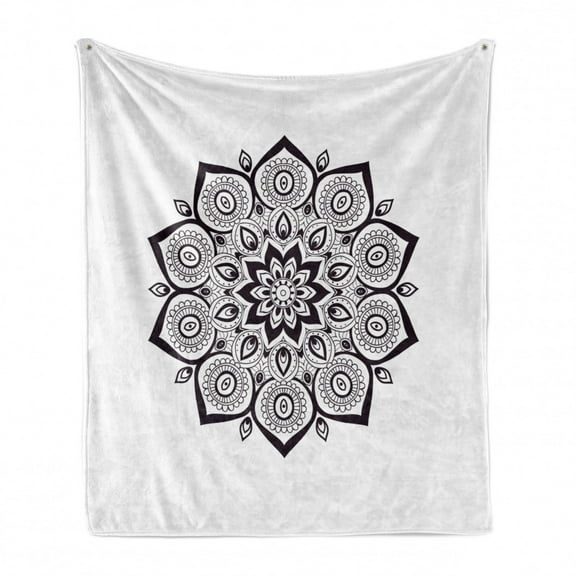 Mandala Soft Flannel Fleece Throw Blanket, Oriental Pattern with Monochromatic Abstract Floral Motif Art, Cozy Plush for Indoor and Outdoor Use, 50" x 70", Charcoal Grey and White, by Ambesonne
