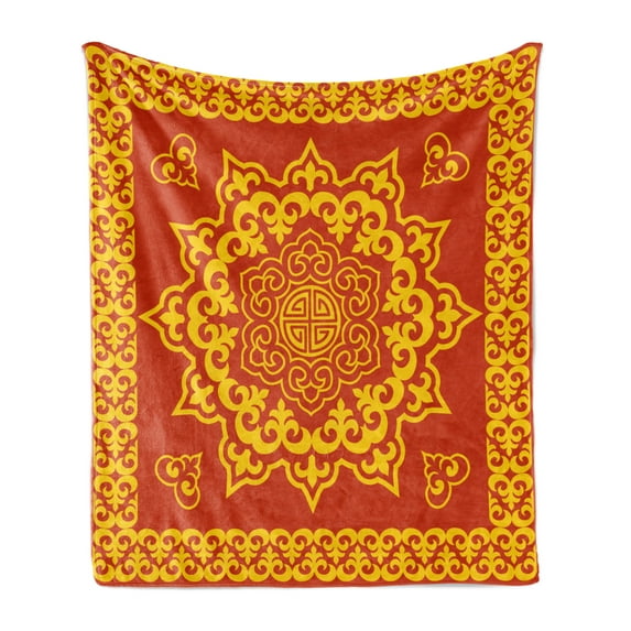 Mandala Soft Flannel Fleece Throw Blanket, Oriental Round and Square Pointy Mongol Traditional, Cozy Plush for Indoor and Outdoor Use, 50" x 60", Earth Yellow Vermillion, by Ambesonne