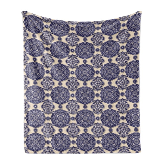Mandala Soft Flannel Fleece Throw Blanket, Ornamental Flower Pattern Shadow Effect Royal Retro Revival Medieval Exotic, Cozy Plush for Indoor and Outdoor Use, 70" x 90", Beige Navy Blue, by Ambesonne